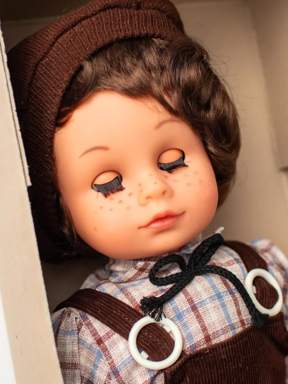 Vintage Götz Weichbaby Doll West Germany Boy Brown Overalls in Box Sleep Eyes